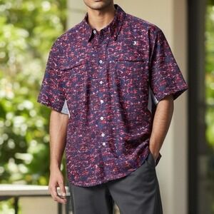 Reel Legends Mariner II Mens Medium Fishing Shirt Red Navy Fish Print Ventilated